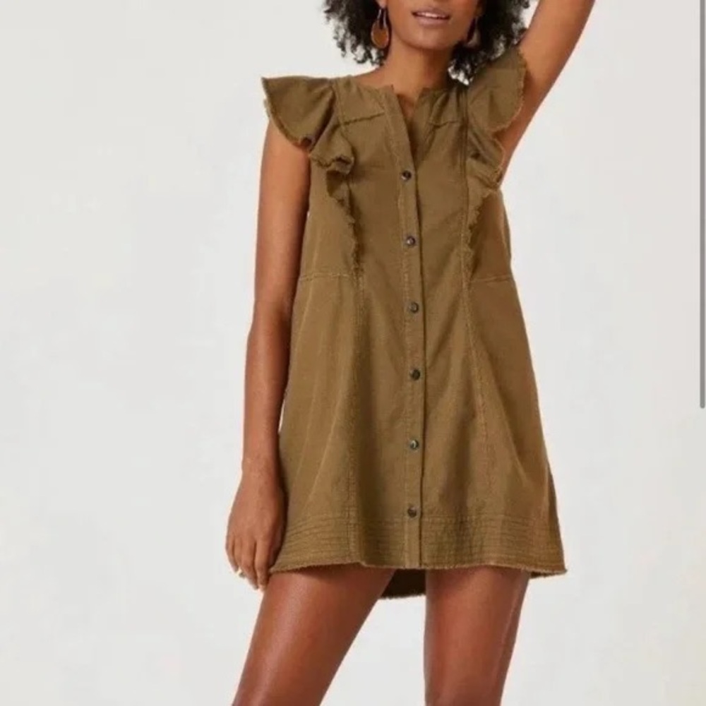 Pilcro by Anthropologie Olive Green Ruffle Sleeve Button-Down Dress